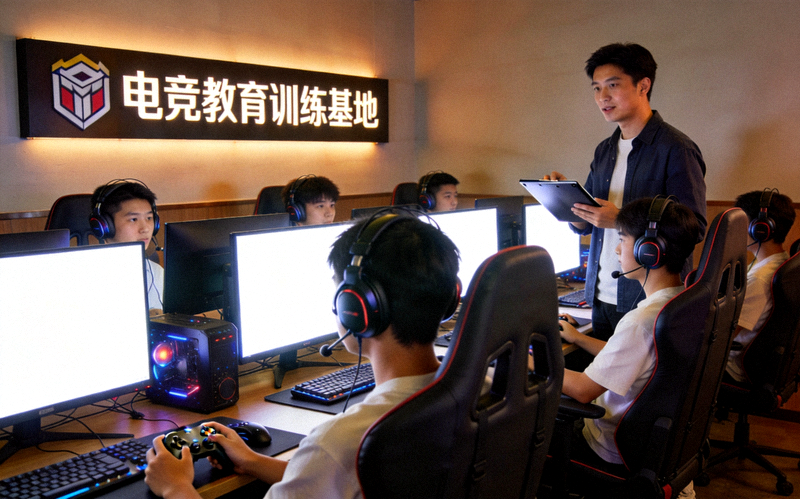 电竞教育训练基地内青少年选手接受专业培训的场景